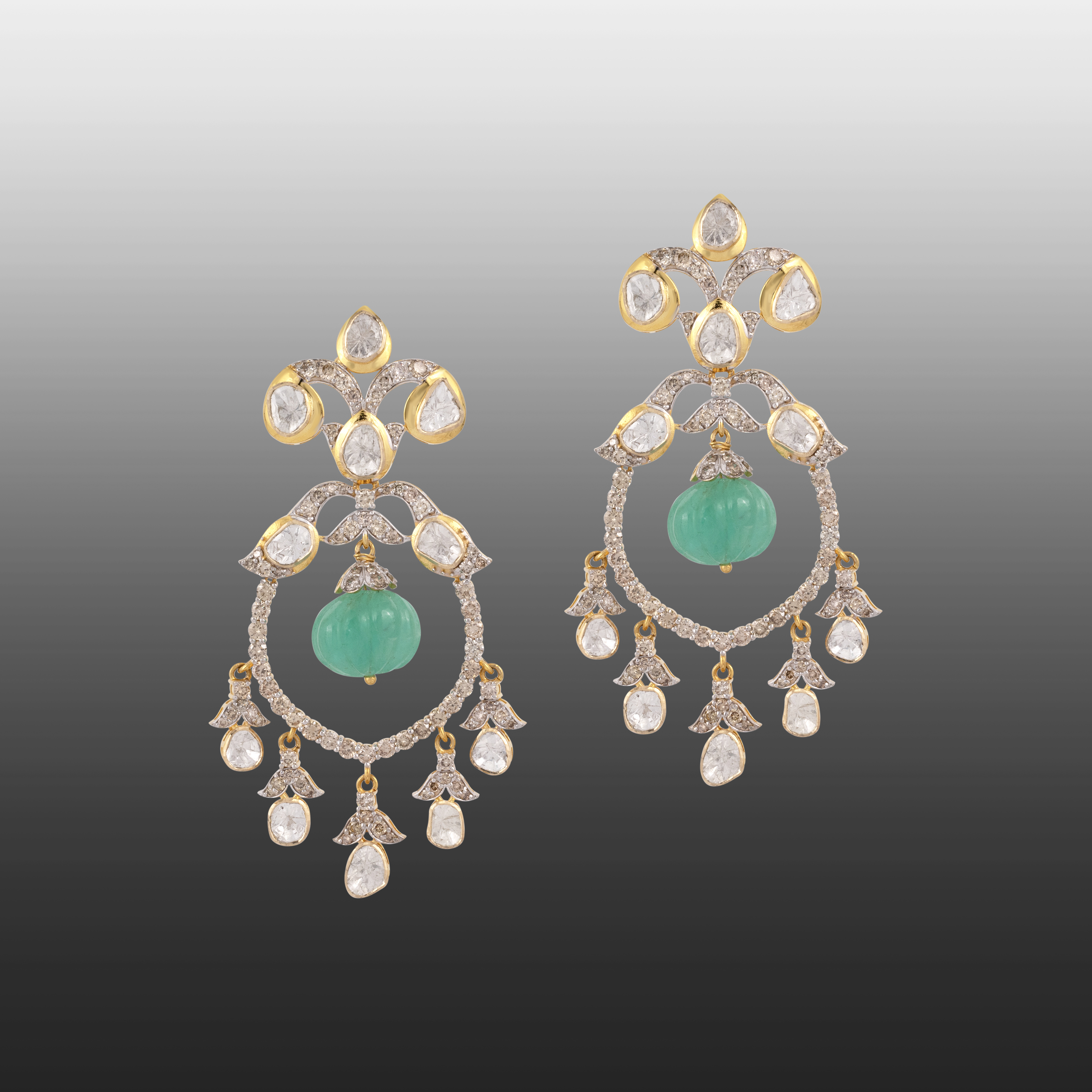 Polki Earring with Carved Emerald Melon Drop